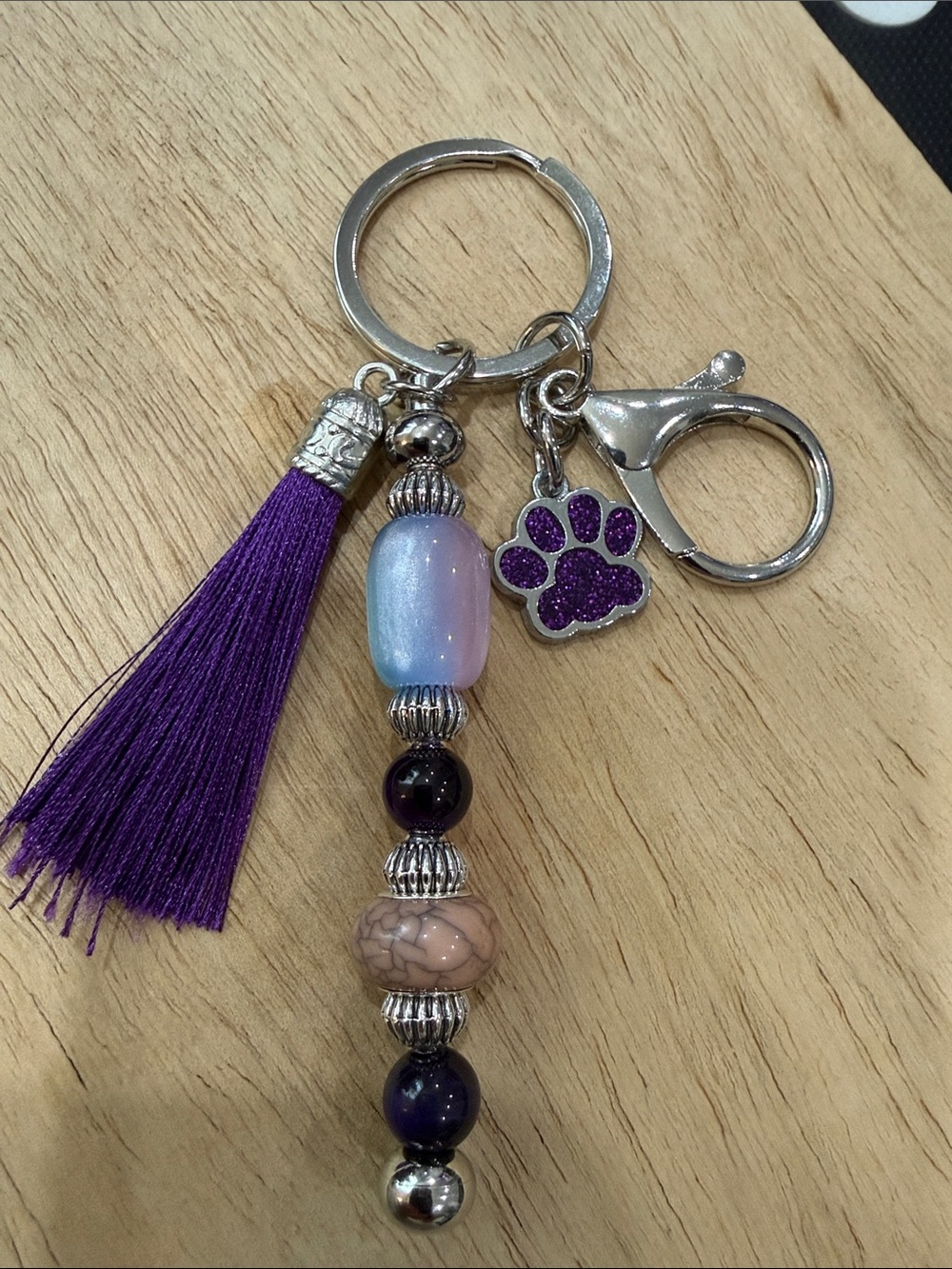 Beaded Tassel Keychain with Purple Paw Charm